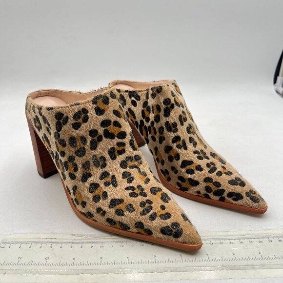 FOWT Brown Leopard Pointed Toe Slip On Mules Stacked Block High Heel Sandal - Picture 4 of 8